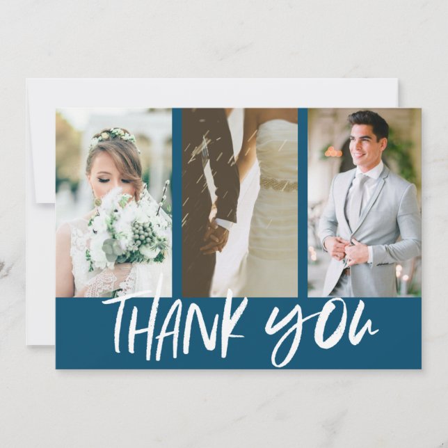 Modern Three Photo Blue Wedding Thank You (Front)