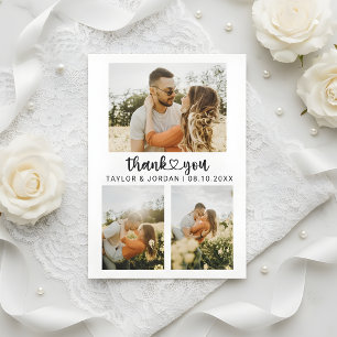 Modern Three Photo Collage Heart Script Wedding Thank You Card