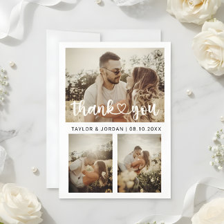 Modern Three Photo Collage Heart Script Wedding Thank You Card
