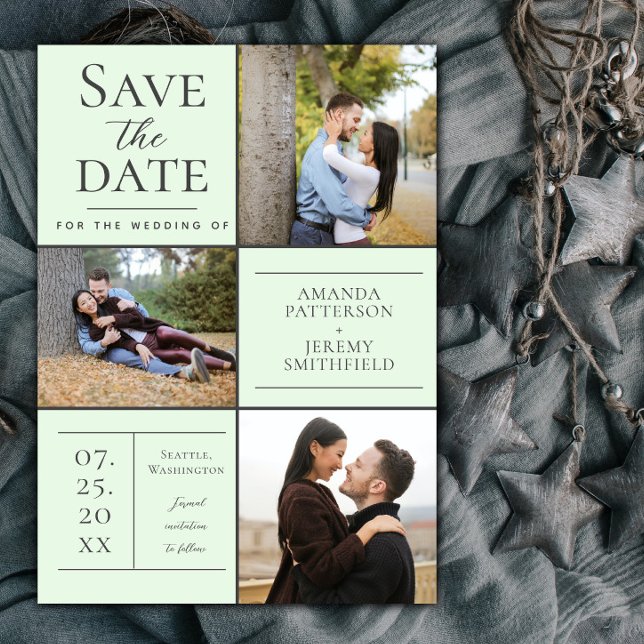 Modern Three Photo Collage | Mint Green Save The Date (Mint Green Modern Three Photo Collage Save the Date)
