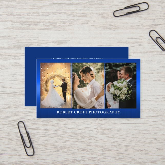 Modern Three Photo Collage Photographer blue Business Card (Front/Back In Situ)