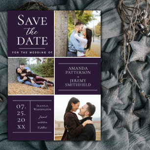 Modern Three Photo Collage   Purple Save The Date