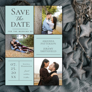 Modern Three Photo Collage Teal Save the Date