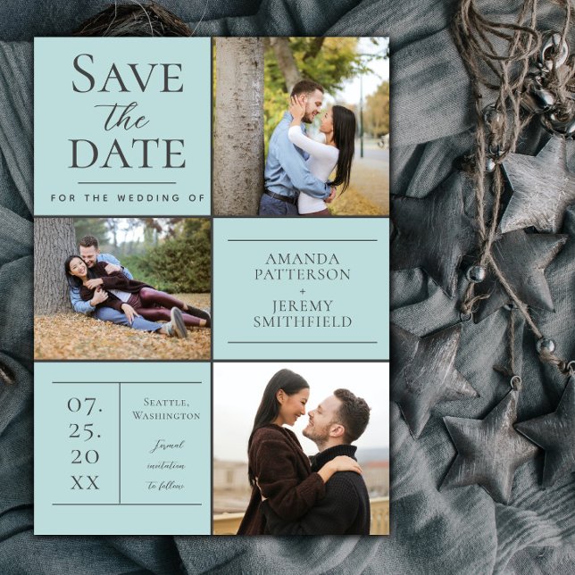 Modern Three Photo Collage | Teal Save the Date (Teal Modern Three Photo Collage Save the Date)