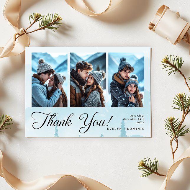 Modern Three Photo Collage Winter Wedding Thank You Card (Creator Uploaded)
