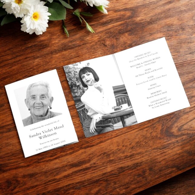 Modern three photo funeral order of service  invitation (modern black and white funeral order of service with  two photo templates , modern memorial service)