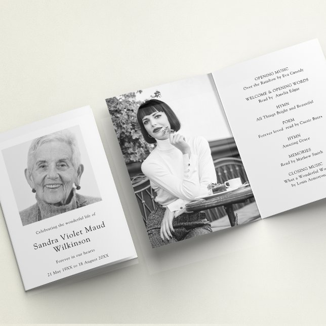 Modern three photo funeral order of service  invitation (memorial order of service , modern black and white simple design , forever in our hearts funeral )