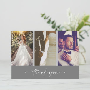 Modern Three Photo Grey Wedding Thank You