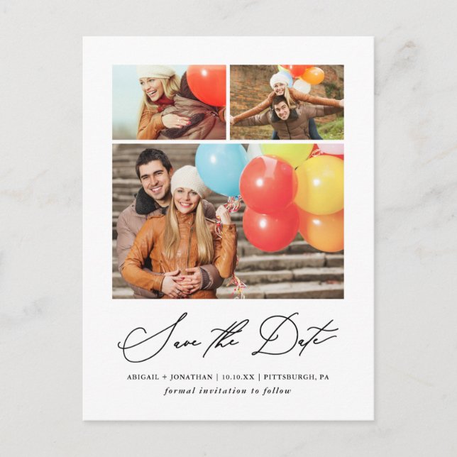 Modern Three Photo Hand Lettered Save the Date Invitation Postcard (Front)