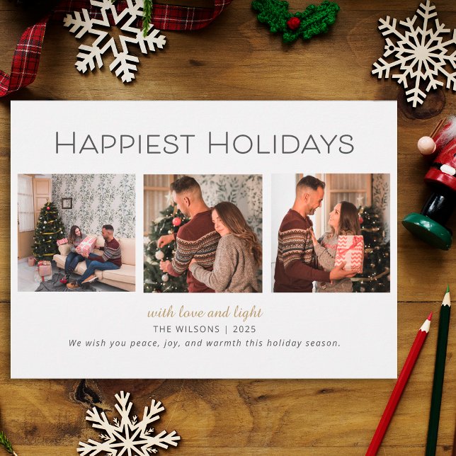 Modern Three Photo Happiest Holidays Family Card (Creator Uploaded)