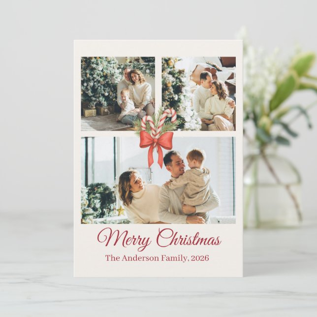 Modern Three-Photo Holiday Family Collage Card (Standing Front)