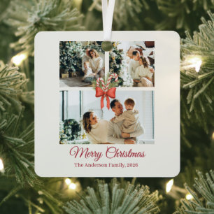 Modern Three-Photo Holiday Family Collage Metal Ornament
