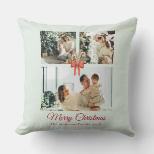 Modern Three-Photo Holiday Family Collage Throw Pillow