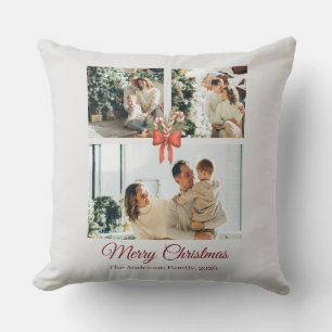 Modern Three-Photo Holiday Family Collage Throw Pillow