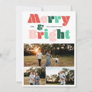 Modern three photo Merry and Bright Holiday Card