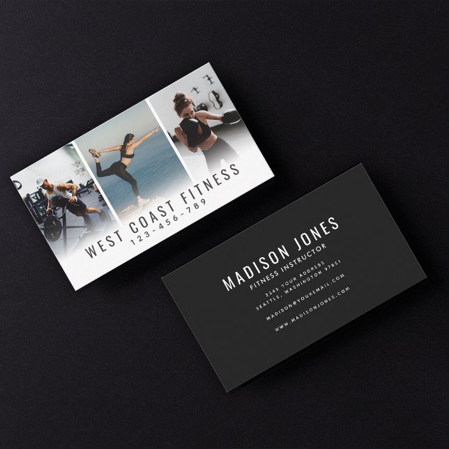 Modern Three Photo Personal Trainer Fitness Business Card (Creator Uploaded)