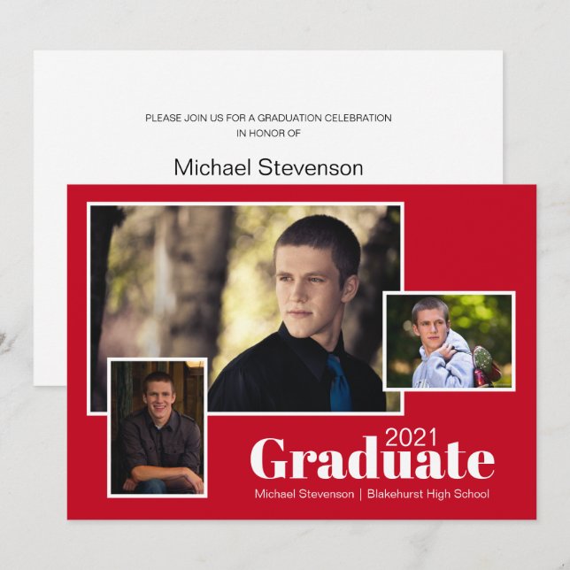 Modern Three Photo Red and White Graduation Party Invitation (Front/Back)