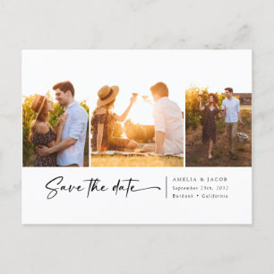 Modern Three Photo Script Font Save The Date Announcement Postcard