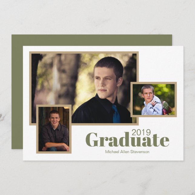 Modern Three Photo White Green Graduation Party Invitation (Front/Back)