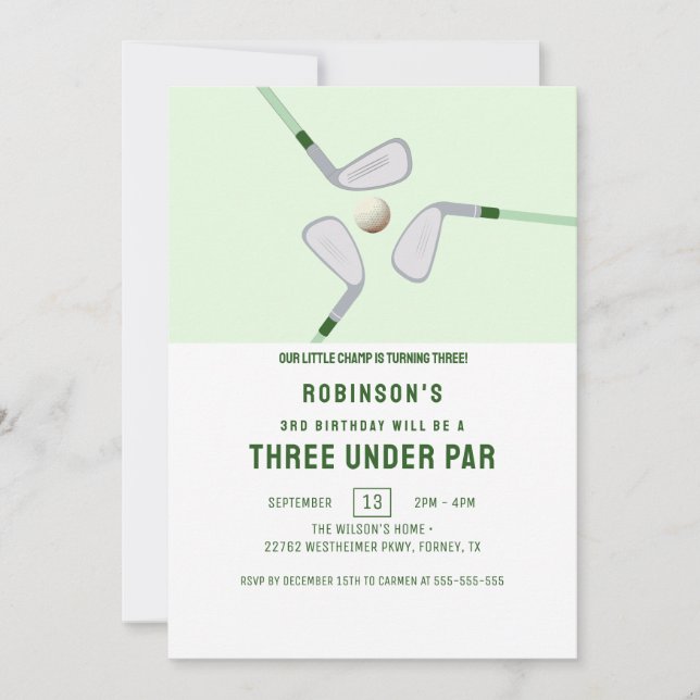 Modern Three Under Par 3rd Birthday Golf  Invitation (Front)