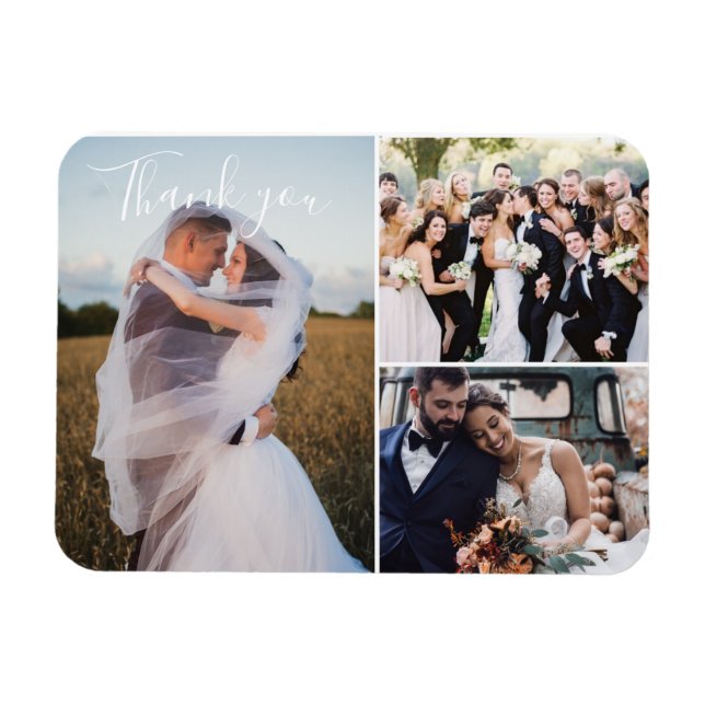 Modern Three Wedding Day Photo Thank You Magnet (Horizontal)