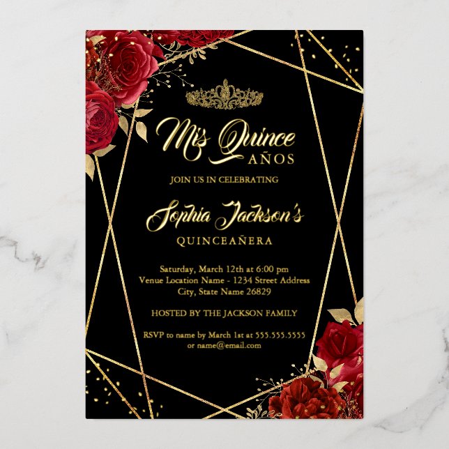 Modern Tiara Floral Gold Red Quinceanera (Front)