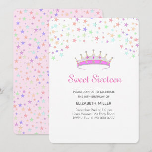 Modern Tiara & Multicolored Stars Sweet Sixteen Invitation