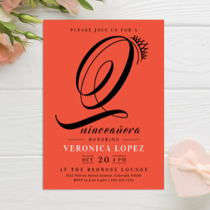 Modern Tiara Orange Red 15th Quinceañera Party Invitation