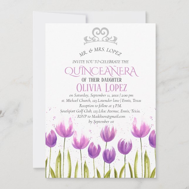 Modern Tiara Quinceañera Purple Lavender Birthday  Invitation (Front)