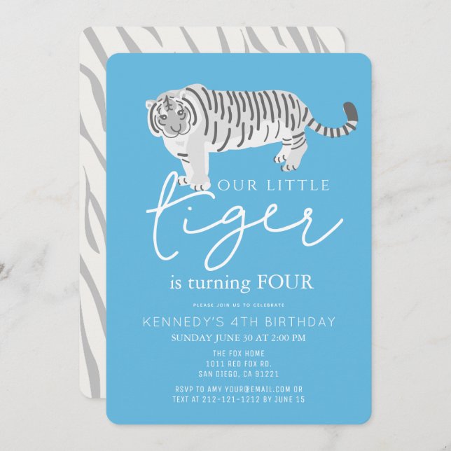 Modern Tiger Blue Kids Birthday Invitation (Front/Back)