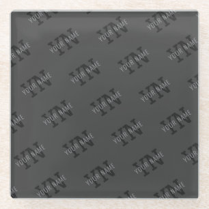 Modern Tiled Dark Grey Monogrammed Name/other Text Glass Coaster