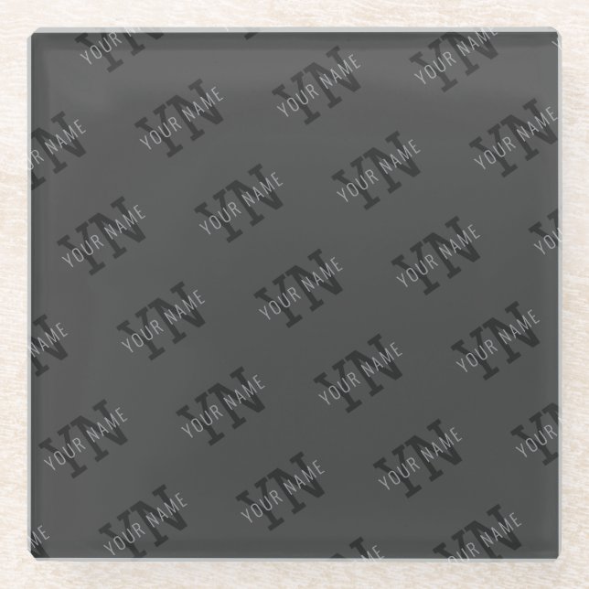 Modern Tiled Dark Grey Monogrammed Name/other Text Glass Coaster (Front)