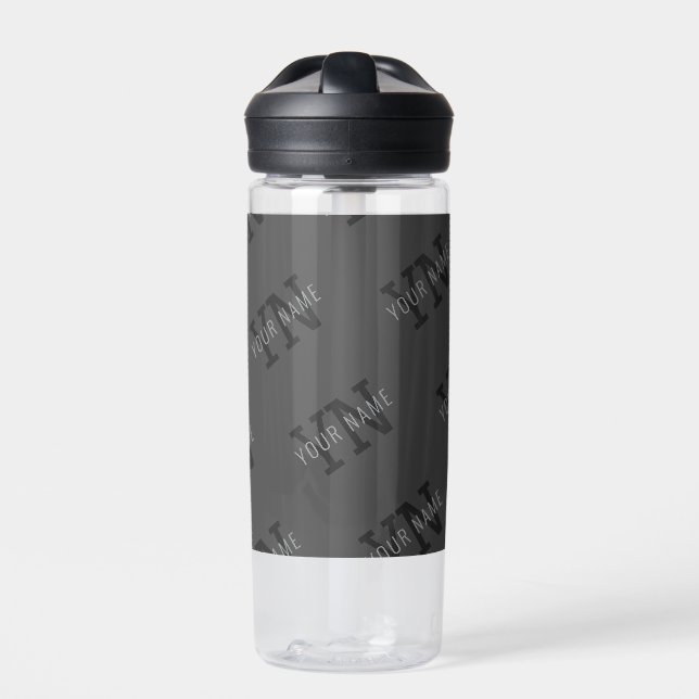 Modern Tiled Dark Grey Monogrammed Name/other Text Water Bottle (Front)