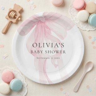Modern Tinted Pink Bow Baby Shower Paper Plate