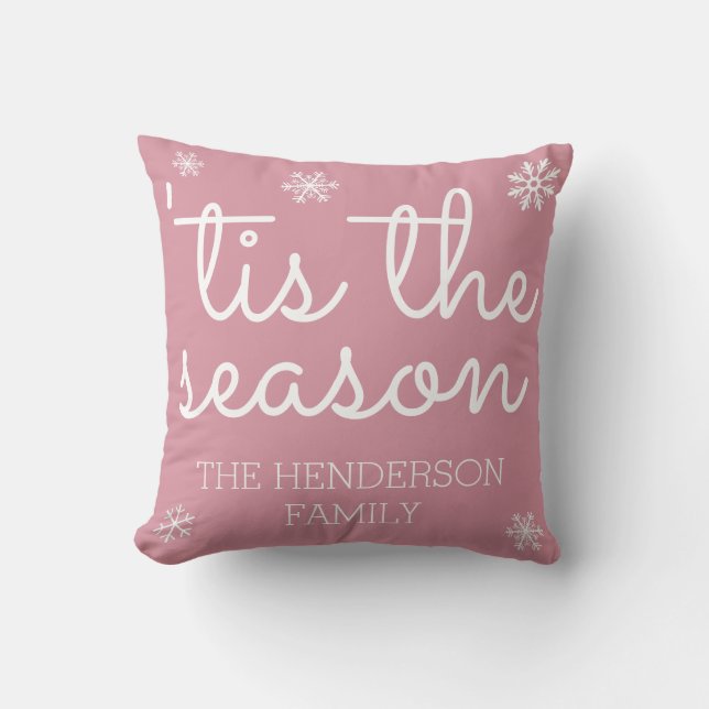 Modern Tis the Season Christmas Family Name Custom Throw Pillow (Front)