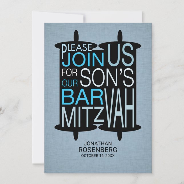 Modern Torah Bar Mitzvah Invitation Grey and Blue (Front)