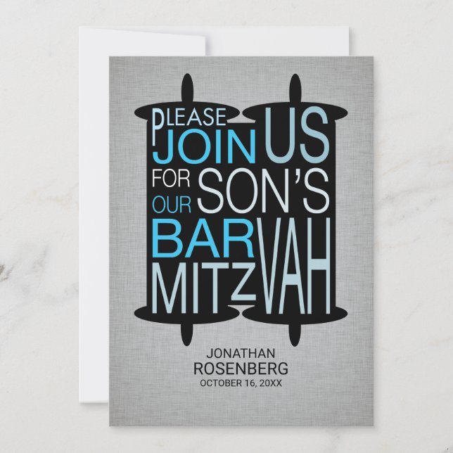 Modern Torah Bar Mitzvah Invitation Grey and Blue (Front)