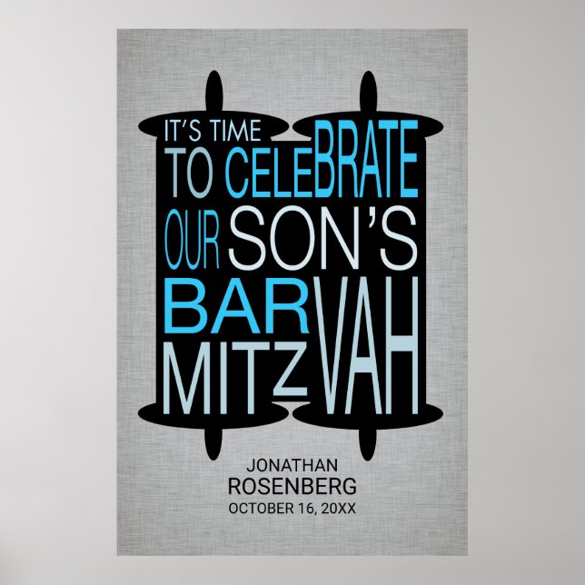 Modern Torah Bar Mitzvah Poster Grey and Blue (Front)