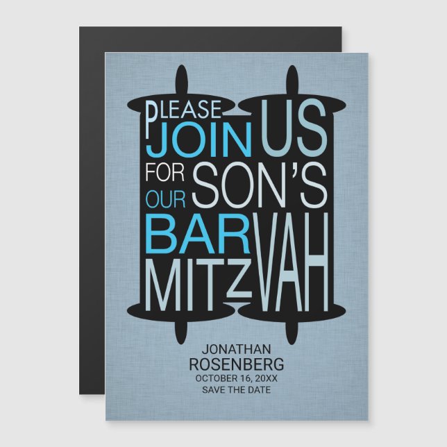Modern Torah Bar Mitzvah Save the Date Grey Blue Magnetic Invitation (Front/Back)