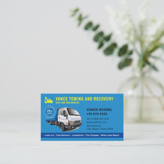 Modern Towing Service | blue Business Card (Standing Front)