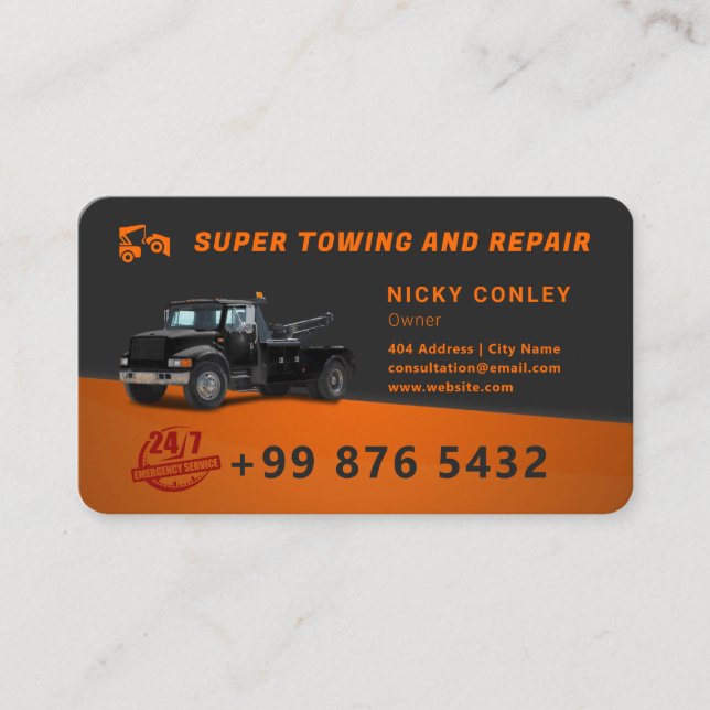 Modern Towing Service | Orange Business Card (Front)