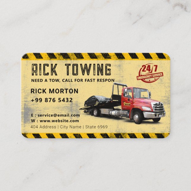 Modern Towing Service | Yellow Business Card (Front)
