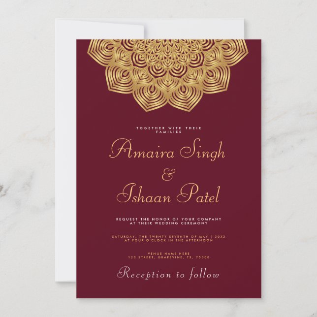 Modern & Traditional Gold Mandala Indian Wedding Invitation (Front)