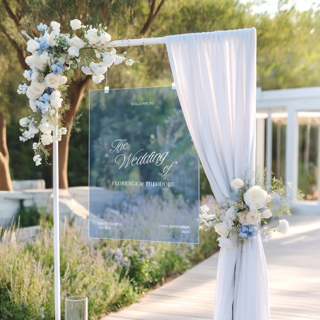 Modern Transparent Blue Wedding Welcome  Acrylic Sign (Modern Transparent Blue Wedding Welcome Acrylic Sign)