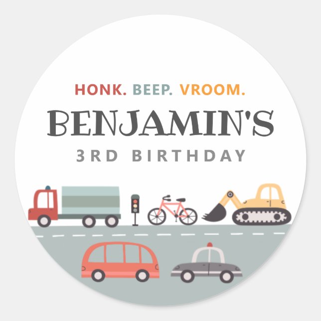 Modern Transportation Birthday Party Sticker (Front)
