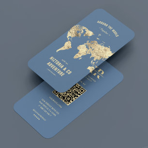 Modern Travel Planner Blue Gold World Map Business Card