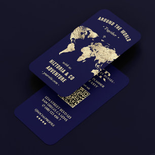 Modern Travel Planner Gold World Map Midnight Blue Business Card