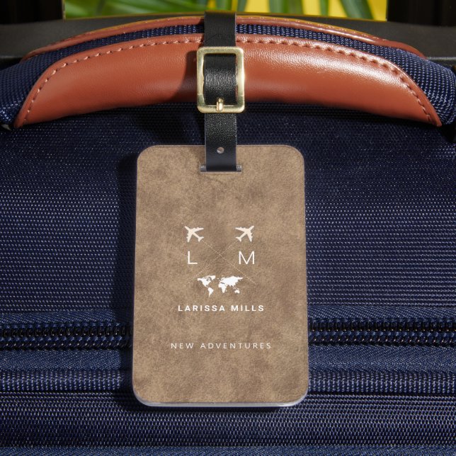 Modern Traveller Monogram Brown Leather Luggage Tag (Front Insitu 2)