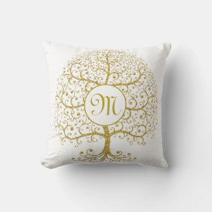Modern Tree of Life Monogram Gold Throw Pillow