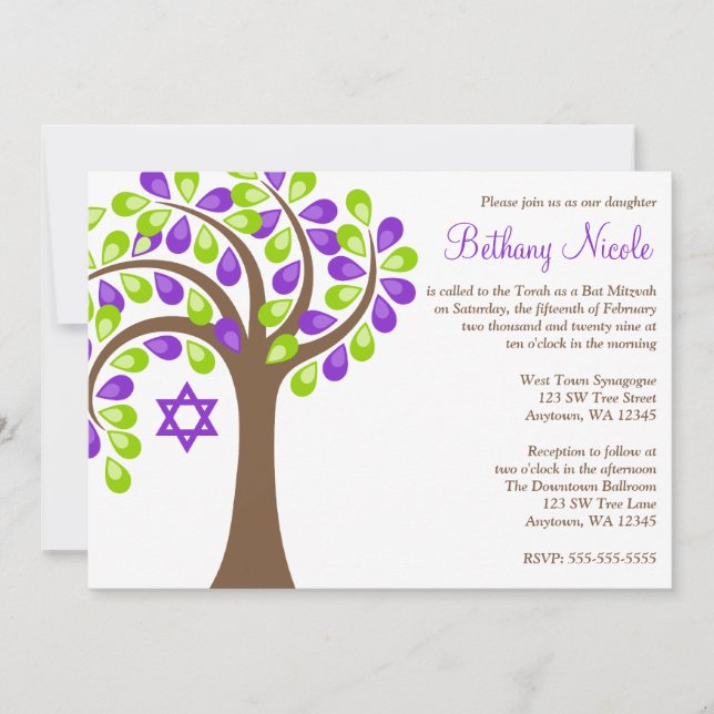 Modern Tree of Life Purple Green Bat Mitzvah Invitation (Front)